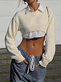 Trizchlor  Autumn Winter Cropped Sweaters Women V Neck Long Sleeve Casual Preppy Knitwear Simple Y2K Pullover Tops Korean