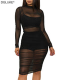 Trizchlor Black Transparent Mesh Sexy Dress Women Long Sleeve Ruched Bodycon Midi Dress Party Night Club Wear Summer Outfits 3 Piece Set