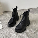 Trizchlor New Autumn Winter Women's Shoes Thick Sole Lace-up Side Zippers Boots Leather High Heel Chunky Short Boot for Female