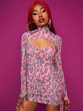 Trizchlor Summer Pink Printed Mini Dress Hollow Out Sexy Tube Top Dress With Drawstring  Y2k Long Sleeve Slim Dress Streetwear