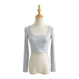 Trizchlor Fashion Women Scoop Neck Rib Crop T-Shirt Y2K Cotton Knitted Rib Crop Tops Long Sleeve Slim Tee Base T-Shirts Women Clothes