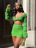 Trizchlor Sunny Waffle Solid Two Piece Set Women Fall Elegant V-Neck Long Sleeve Crop Top+Skirts Skinny Trend Matching Streetwear