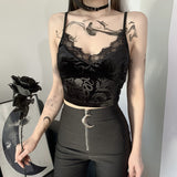 Trizchlor Velvet Black Lace Trim Emo Alternative Aesthetic Crop Tops Y2K Mall Goth Crop Tops Women Backless Sexy Strap Tanks Gothic Tops