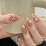 Trizchlor 24Pcs Detachable Almond False Nails With Pearl Decoration Elegant Designs French Fake Nails Full Nail Art Tips Press On Nails