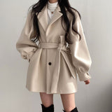 Trizchlor Women Solid Wool Blend Coat Slim Fit Belt Coats Female Warm Cotton Thicker V-Neck Office Lady Elegant Trendy Button Outwear Ins