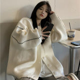 Trizchlor Autumn And Winter Lazy Style V-Neck Knitted Sweater Cardigan Female Long Sleeve Sweater Black White Loose Wear Outer Jumper Coat