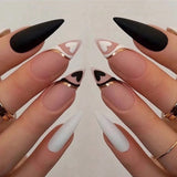Trizchlor Stiletto False Nails Full Cover Nail Tips Almond Fake Nails With Heart Gold Line Pearl Design Press On Nails Full Cover Nail Tip