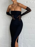 Trizchlor Ruched Strapless Off Shoulder Long Maxi Dress Sexy Women Party High Split Dress With Mesh Gloves Female Vestidos