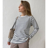 Trizchlor  2023 Autumn New Fall Outfits  Cotton Women's Top Black Striped O-neck Long Sleeve Loose T-shirt Female New Autumn Casual Fashion Ladies Clothes