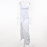 Trizchlor Pleated Sexy Maxi Dress For Women 2023 Fashion Spaghetti Strap High Split Elegant Party Evening Long Dress Vestidos