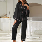 Trizchlor Early Autumn New  Women's Home Suit Silk Pajamas Female Set With Belt Simple Elegant Sleepwear Long Sleeves Wide Leg Pants Trouser Suits
