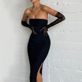 Trizchlor Ruched Strapless Off Shoulder Long Maxi Dress Sexy Women Party High Split Dress With Mesh Gloves Female Vestidos