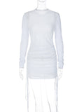 Trizchlor Women Mesh Sheer See Through Dress Spring Summer Short Mini Dress White Knitted Long Sleeve O Neck Drawstring Vestido