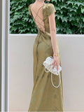 Trizchor Summer Elegant Women Satin Backless Midi Dress Short Sleeve Lace Bandage Vintage Bodycon  Female Fashion Robe New