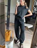 Trizchlor  2023 Autumn New Fall Outfits  Knitting Women's Suit Black O-neck Short Sleeve Pockets Top Loose Long Pants Suits Female Trendy Casual Lady Clothes