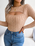 Trizchlor Elegant Women Front Cutout Hollow Out Knitted Pullovers Tops Fashion Long Sleeve Ruched Round Neck Slim Fit Sweaters