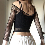 Trizchlor Goth Fishnet Grunge Mall Gothic Women's Sexy T-Shirts Punk Black White Transparent Basic Crop Tops Skinny Fashion Clothing Alt