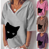 Shirts for Women Short Sleeve Hoodies Sweatshirt Basic Kawaii Cat Print Tshirt Solid Color Loose Casual Streetwear Summer 2022