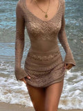 Trizchlor Crochet Knitted  Summer Beach Dress Women V Neck See Through Sweater Dresses Solid Long Sleeve Casual Bikini Wear