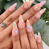 Trizchlor Stiletto False Nails Full Cover Nail Tips Almond Fake Nails With Heart Gold Line Pearl Design Press On Nails Full Cover Nail Tip