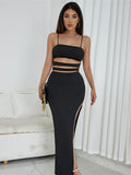 Trizchlor Sunny  Elegant Women Black Two Piece Set Sexy Skinny Irregular Hollow Camisole+Maxi Skirts Stretchy Matching Streetwear Outfits