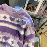 Trizchlor Purple Stripe Retro Casual Fashion Oversize Sweater Women's Winter Warmth Harajuku Knit Pullover Long Sleeve Sweater Streetwear