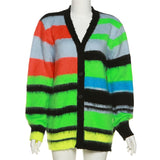 Trizchlor 2023 Cardigan Sweater Y2K Women Button Contrast Color Patchwork V-Neck Lantern Sleeve Top Street Hipster Loose Coat