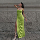 Trizchlor Pleated Sexy Maxi Dress For Women 2023 Fashion Spaghetti Strap High Split Elegant Party Evening Long Dress Vestidos
