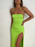 Trizchlor Swing Collar Backless Sleeveless Drawstrings Hollow Out Sexy Slit Maxi Prom Dress Summer Women Party Y2K Robe