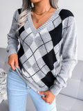 Christmas Gift Vintage Knitted Sweater For Women Argyle V-Neck High Street Casual Pullovers Preppy Style Autumn Winter Female Tops