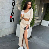 Thanksgiving Day Gift Trizchlor Knit Cropped Women's Sweater Skirt Two Piece Set 2022 Autumn V-Neck Long Sleeve Knitwear Side Split Skirt Female Sexy Club Sets