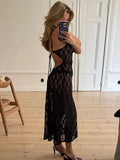 Trizhclor See Through Lace Maxi Dresses Summer Black Transparent Mesh Tie Up Backless Long Dress Party Club Hollow Out Dress 2023