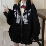 Women Zip Up Hoodie Autumn Winter Goth Punk Pocket Print Long Sleeve Jackets Coats Female Harajuku Oversized Hooded Sweatshirts