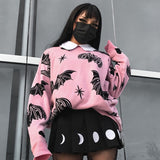 Trizchlor halloween Y2K Gothic Bat Print Black Sweater  Fairy Grunge Fashion Winter Aesthetic Pink Black Pullover Harajuku Long Sleeve Top