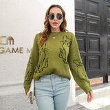 Trizchlor Winter Sweater Women's Cat Embroidery Casual Knit Loose Pullover Fashion O-Neck Long Sleeve Warm Harajuku Top
