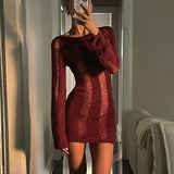 TRIZCHLOR  Sexy Backless Clubwear Knitting Mini Dresses Charming Long Sleeves Fashion Cloth Solid Chic Party Evening Dress