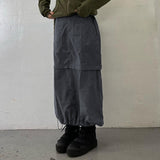 Trizchlor Gray Street Drawstring Split Long Skirt Women High Waist Fashion Korean Basic Cargo Skirts Lady Harajuku Y2K Outfits