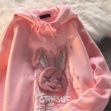 Trizchlor Japanese Cartoon Flocking Rabbit Kawaii Loose Hoodie Bf Hooded Thickening Autumn And Winter Pullover Female Gothic Streetwear