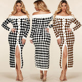 Trizchlor Sexy Off Shoulder Long Sleeve Plush Knitted Plaid Dress Autumn Winter Women's Office Elegant Skirt Knitted Sweater Maxi Dresses