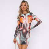 Trizchlor Sunny Autumn Sexy Y2K Clothes Tie Dye Print Long Sleeve O-Neck Bodycon Mini Dresses For Women Club Party Elegant Fall Outfits