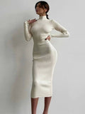 Trizchlor Women Turtleneck Maxi Knitted Dresses Elegant Solid Bodycon Long Sleeve Sweater Dress Spring Office Lady Sexy Chic Dresses