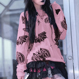 Trizchlor halloween Y2K Gothic Bat Print Black Sweater  Fairy Grunge Fashion Winter Aesthetic Pink Black Pullover Harajuku Long Sleeve Top