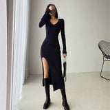 Thanksgiving Day Gift Trizchlor Spring Winter Sexy French Slit Sweater Dress Female Slim Tight-Fitting Knitted Midi Bodycon Black Dress Women Club Party Vestido
