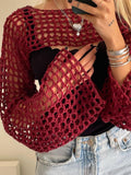 Trizchlor Women's Knitted Mesh Crop Tops Long Sleeve Summer Sexy Backless Grunge Crop Fishnet Hollow Out Tops Y2k Streetwear 2023