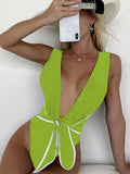 Trizchlor Sexy Deep Plunge V Neck Swimsuit Women Bowknot Front Swimwear High Cut Thong One Piece Swimsuit Female Backless Monokini