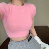 Thanksgiving Day Gift Trizchlor Fur Knitted Sweater Shirt Tops Women Summer Casual Chic Y2k Crop Tops Female Short Sleeve Korean Style Slim Pullover 2022 Korea