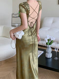 Trizchor Summer Elegant Women Satin Backless Midi Dress Short Sleeve Lace Bandage Vintage Bodycon  Female Fashion Robe New