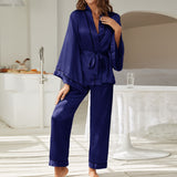 Trizchlor Early Autumn New  Women's Home Suit Silk Pajamas Female Set With Belt Simple Elegant Sleepwear Long Sleeves Wide Leg Pants Trouser Suits
