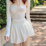 Trizchlor Cute White Mini Skirt Women Drawstring Folds High Waist Irregular Ruffle Patchwork Fairycore Short Skirts Mori Girl