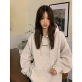 Trizchlor Fashion Dark Grey Hoodie Fleece Thicken Sweatshirt Long Sleeve Korean Letter Printing Baggy Female Tops Pullover Hoodie Autumn